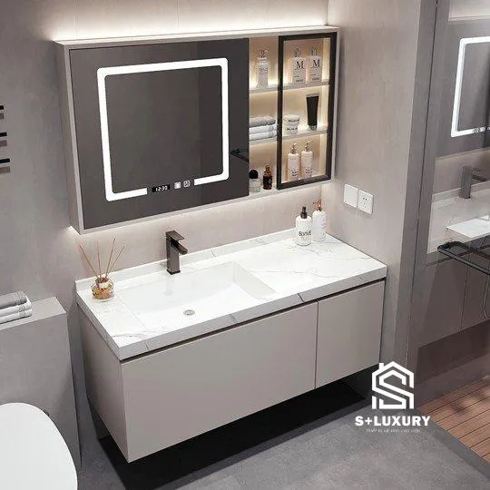 Bộ tủ chậu lavabo mặt đá tràn viền nung kết DH-10 kèm tủ gương LED cảm ứng thông minh