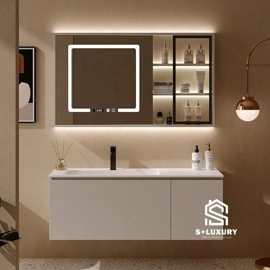 Bộ tủ chậu lavabo mặt sứ liền khối 80cm kèm tủ gương LED cảm ứng thông minh S+ Luxury DH-17