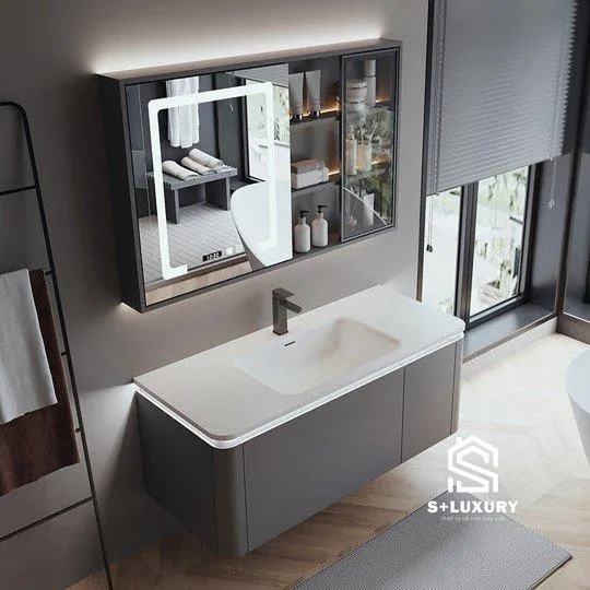 Bộ tủ chậu lavabo nguyên khối DH-08 cao cấp màu xám ghi kèm tủ gương LED cảm ứng thông minh