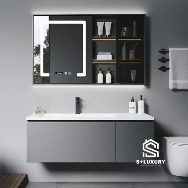 Bộ tủ chậu lavabo phòng tắm treo tường DH-16 vân gỗ óc chó nâu ấm sang trọng kèm tủ gương LED cảm ứng