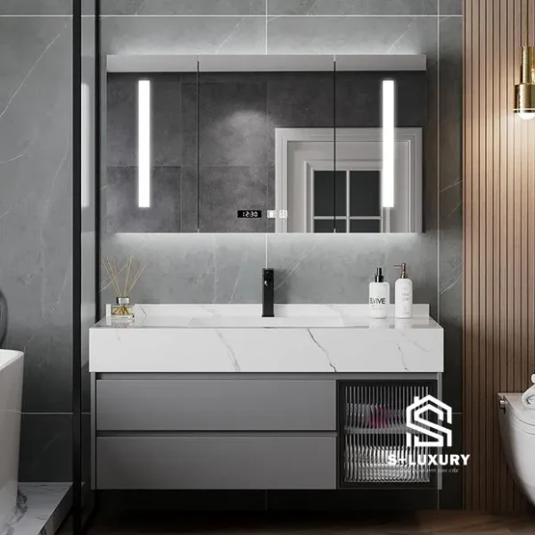 Bộ tủ chậu lavabo mặt bàn vân đá chống trầy xước S+ Luxury DH-05