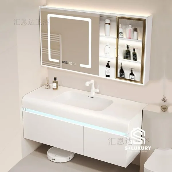 Bộ tủ chậu lavabo bo tròn màu trắng sứ kết hợp tủ gương LED cảm ứng thông minh DH-38