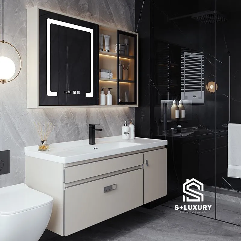 Tủ chậu lavabo mặt sứ liền khối cao cấp DH-39 màu xám ghi kết hợp tủ gương LED cảm ứng