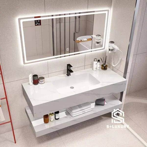 Bàn đá đôi lavabo 2 tầng chống xước bề mặt bóng kèm gương LED cảm ứng S+ Luxury BD-1034