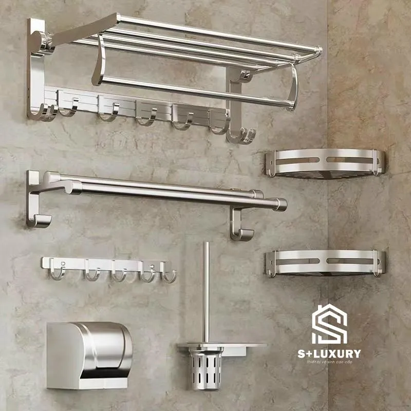 Bộ phụ kiện nhà tắm thông minh S+ Luxury gồm kệ khăn gấp 90 độ và hộp giấy vệ sinh