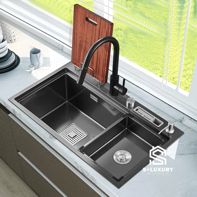 Chậu rửa bát 1 hố giật cấp nano đen cao cấp CH5 kích thước 78x46cm