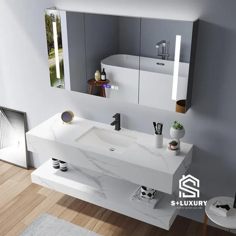 Bàn đá lavabo chống xước 2 tầng kèm chậu sứ âm bàn và tủ gương LED NT58