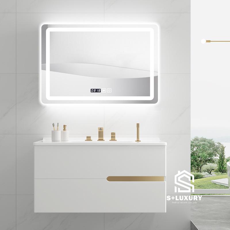 Bộ tủ chậu lavabo PVC, mặt chậu sứ âm liền khối, gương led cảm ứng, kích thước 50x80cm