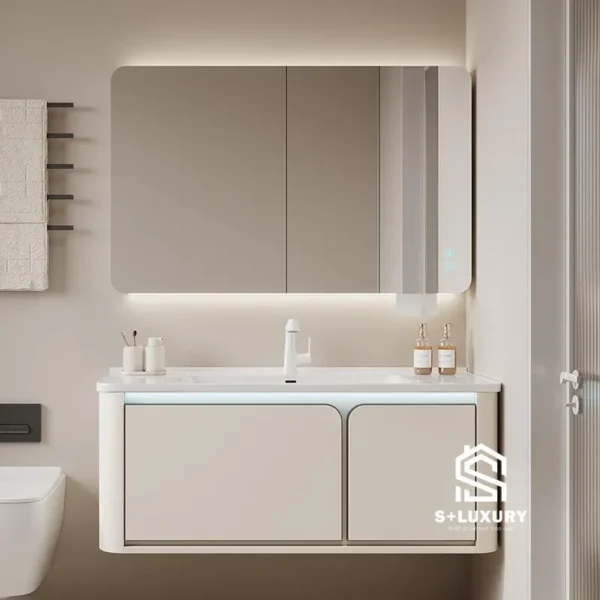 Bộ tủ lavabo DH-32 màu kem cùng tủ gương LED
