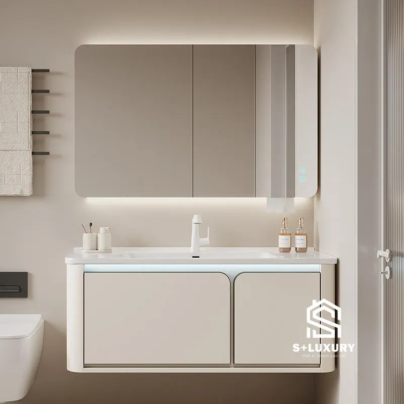 Bộ tủ chậu lavabo kích thước 80cm DH-32 màu kem kèm tủ gương LED cảm ứng