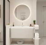 Phối cảnh không gian phòng tắm sang trọng khi lắp đặt bộ tủ chậu lavabo liền khối DH-248