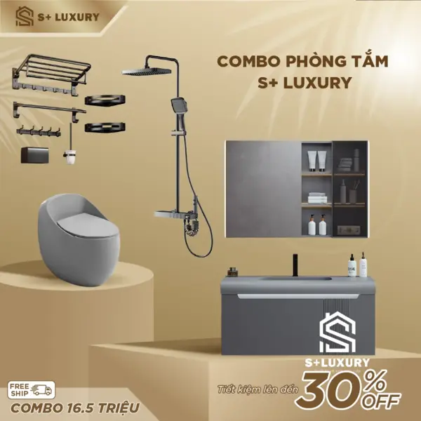 Combo Thiết Bị Phòng Tắm Tông Xám Cao Cấp S+ Luxury CB-09 trọn bộ sang trọng