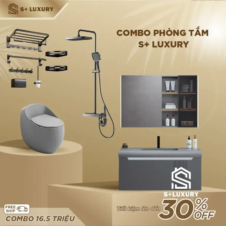 Combo Thiết Bị Phòng Tắm Tông Xám Cao Cấp S+ Luxury CB-09 trọn bộ sang trọng