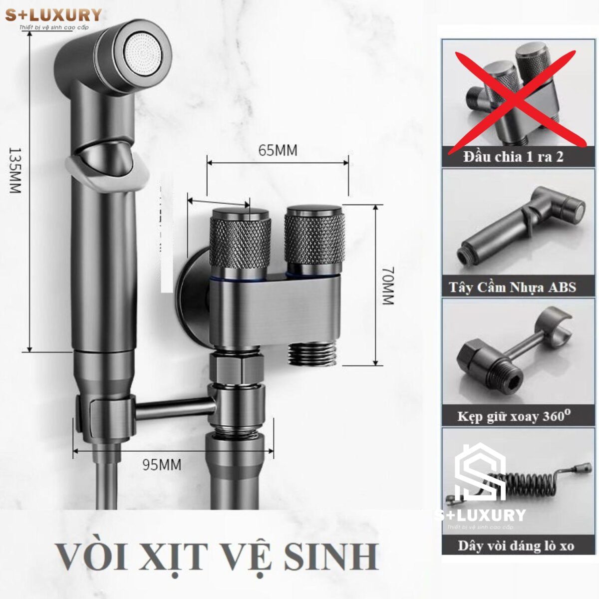 Vòi xịt Vệ Sinh kèm van chia 2 đầu nước inox 304