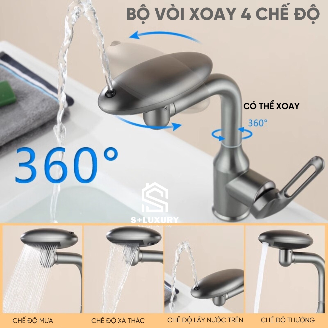 Vòi nước 4 chức năng xả,vòi nóng lạnh xoay 360 độ, chất liệu thép không gỉ – bền bỉ và tiện dụng