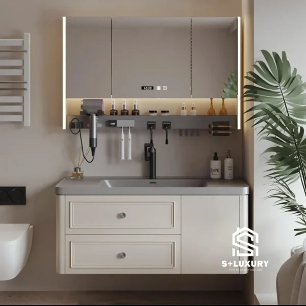 Bộ tủ chậu lavabo 10 trong 1 cao cấp màu xám ghi kèm tủ gương LED cảm ứng và bộ phụ kiện tiệt trùng UV