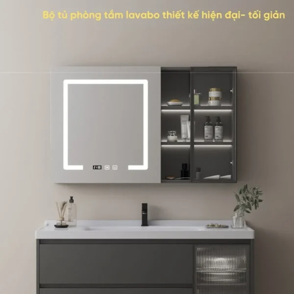 Bộ tủ chậu phòng tắm lavabo thiết kế cao cấp nhựa PVC kèm tủ gương LED HM-15