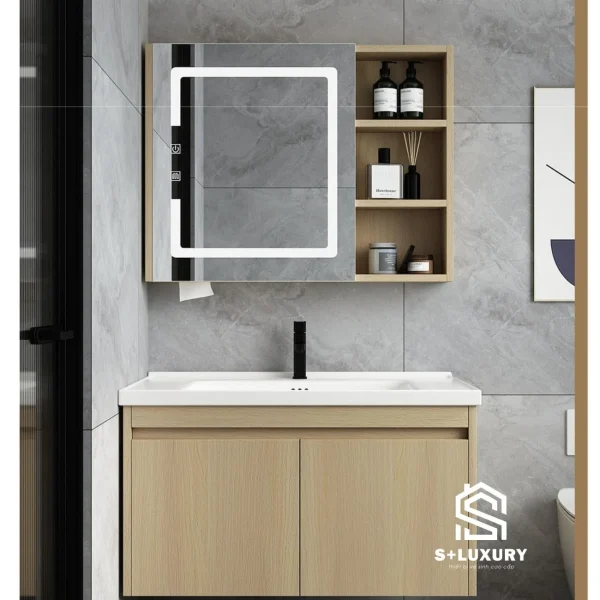 Tổng thể bộ tủ chậu lavabo nhựa PVC đặc cao cấp kèm tủ gương LED cảm ứng thông minh HM02 màu be trang nhã