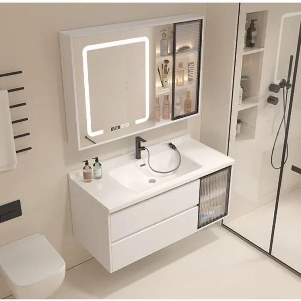 Bộ tủ chậu lavabo nhựa PVC mặt bàn đá liền khối kèm tủ gương LED cảm ứng S+ Luxury TC-2053