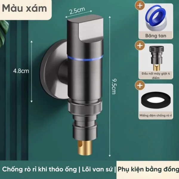Vòi nước máy giặt tự ngắt thông minh chống tràn nước chất liệu đồng thau cao cấp màu xám ghi S+ Luxury VM-01