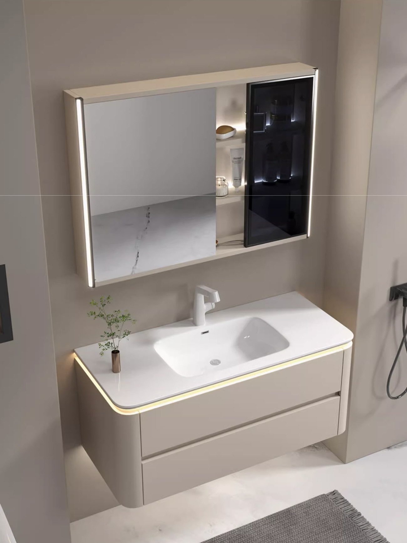 Tủ chậu lavabo tích hợp tủ gương thông minh, chậu sứ liền khối DH- 50