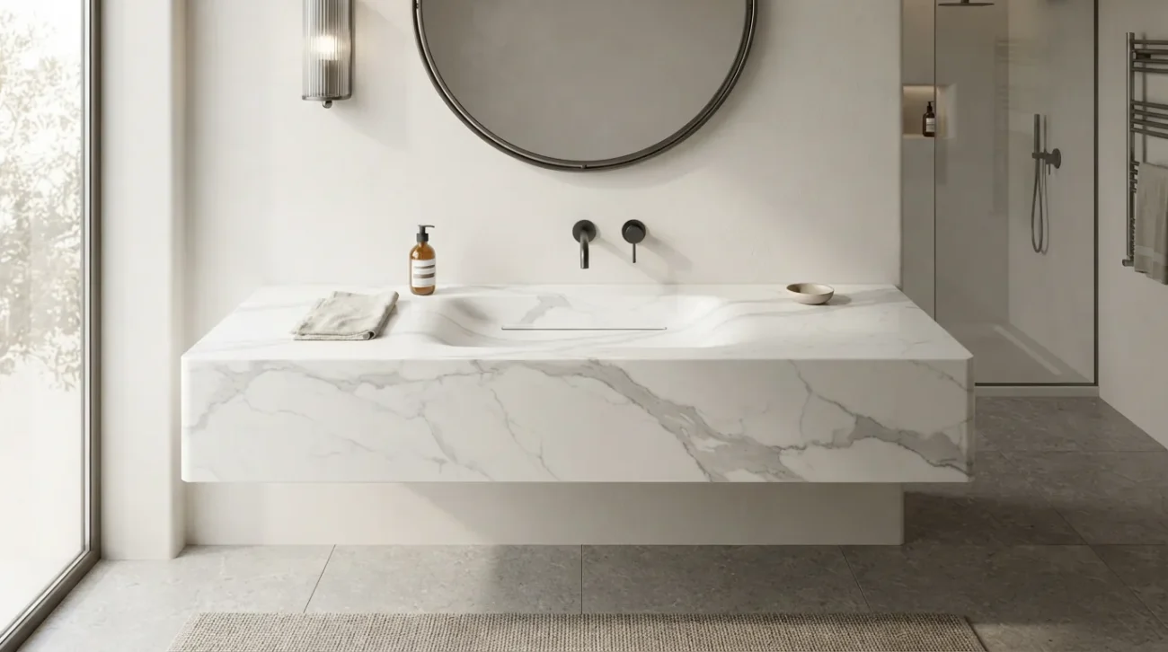 Chậu lavabo đúc liền khối mặt đá nung kết seamless không đường nối góc chết