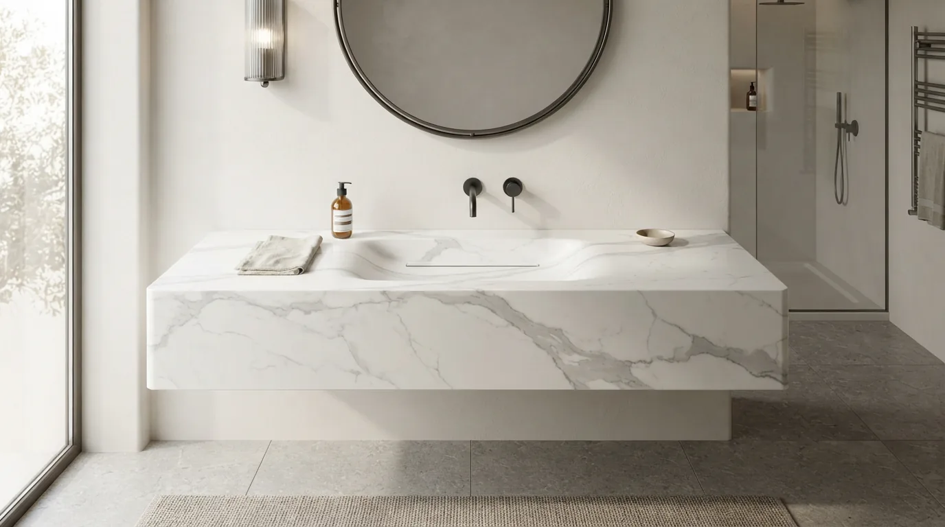 Chậu lavabo đúc liền khối mặt đá nung kết seamless không đường nối góc chết