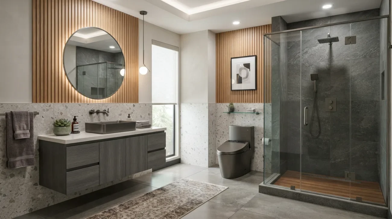 Hoàn thiện trọn gói combo phòng tắm đồng bộ màu xám titan sang trọng tại căn hộ chung cư