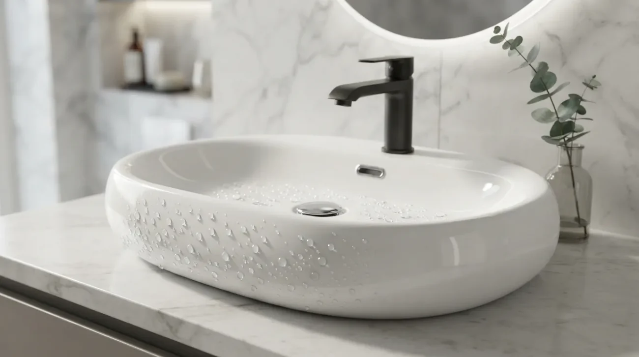 Chậu rửa lavabo sứ tráng men Nano tuyết trắng sáng tinh khôi với hiệu ứng giọt nước lá sen