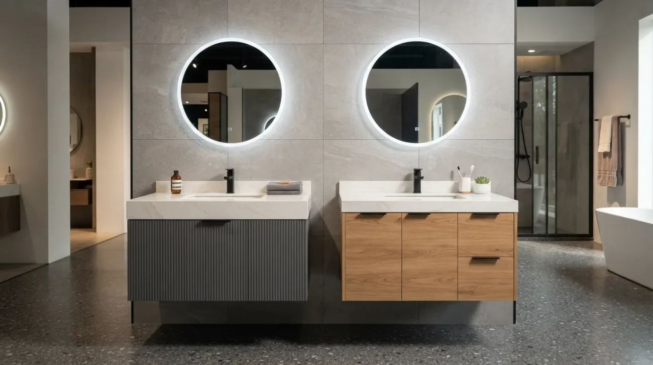 So sánh tủ lavabo nhựa PVC đặc cao cấp và gỗ Plywood phủ Melamine trong không gian phòng tắm hiện đại