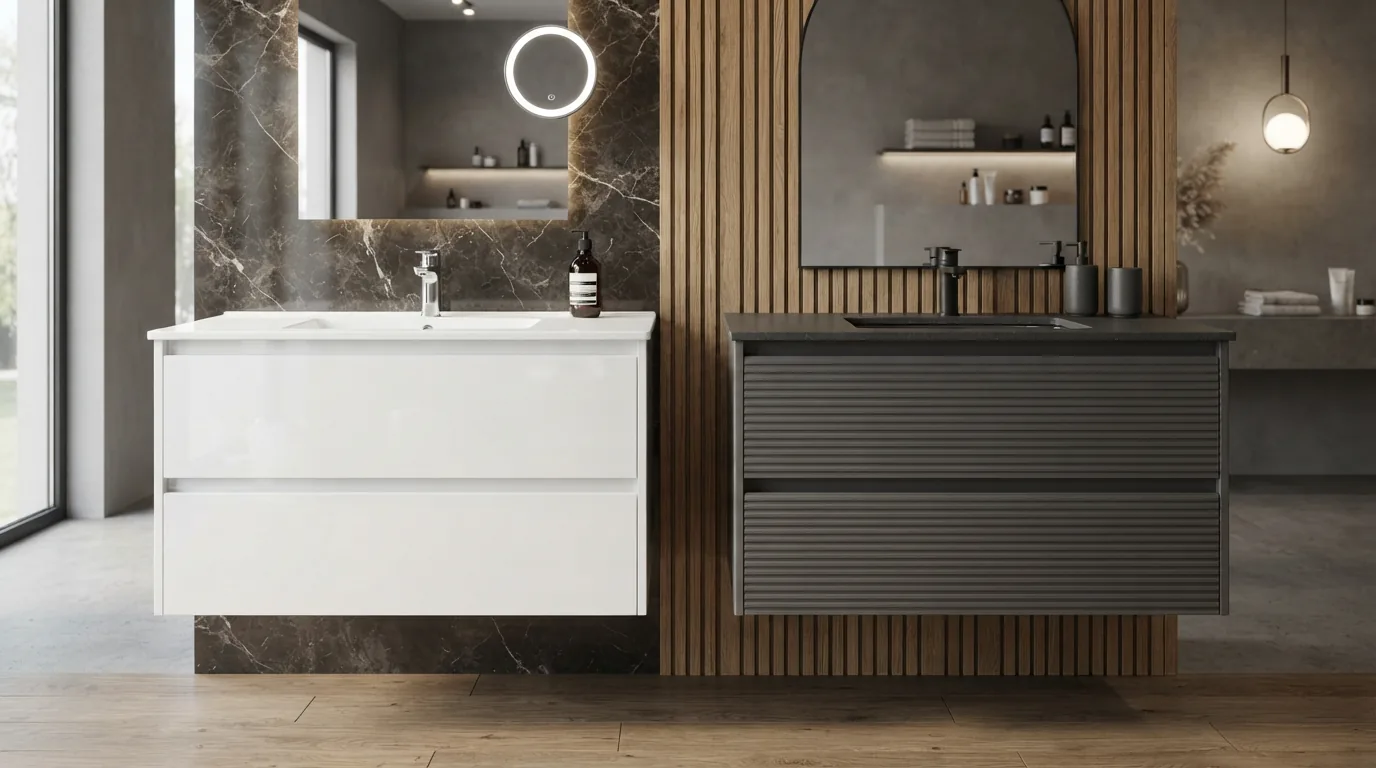 So sánh tủ chậu lavabo phủ màng Acrylic bóng gương và sơn PU 2K mờ cao cấp