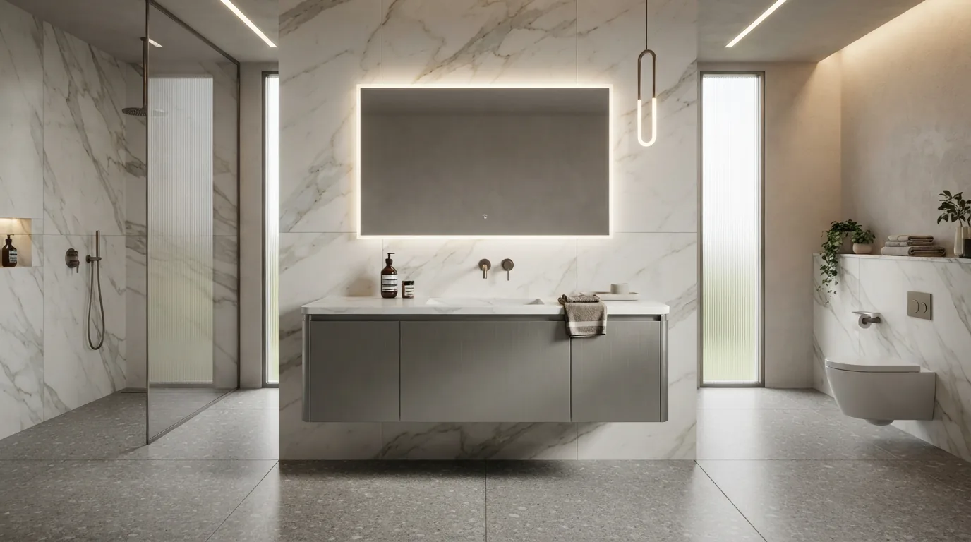 Bộ tủ chậu lavabo nhôm tổ ong siêu nhẹ màu xám titan phối mặt đá nung kết sang trọng