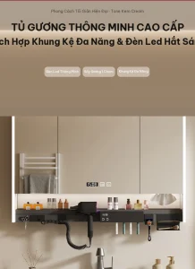 Tủ gương thông minh cao cấp tone kem Cream tích hợp khung kệ đa năng và đèn LED hắt sáng