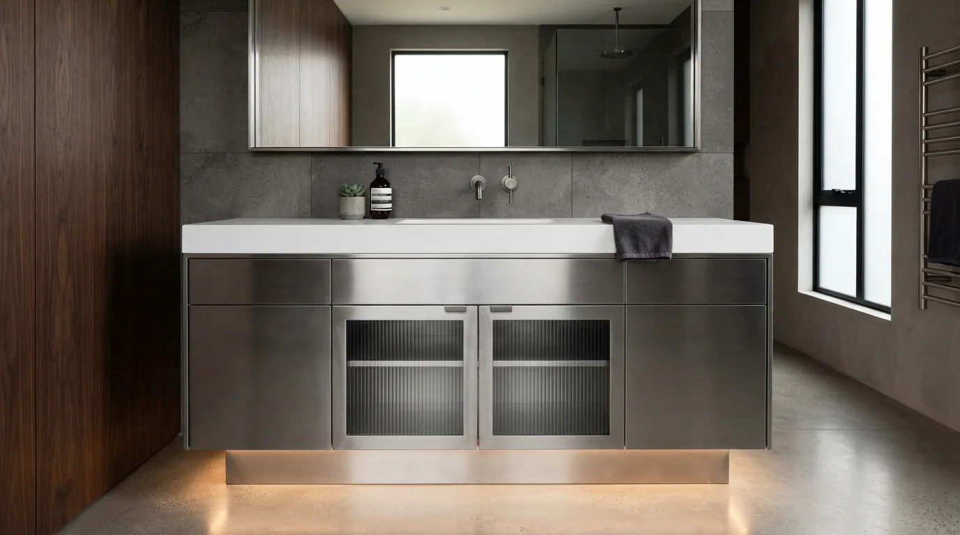 Tủ chậu lavabo Inox 304 dập chấn CNC xước mờ phối cánh kính khung nhôm cao cấp