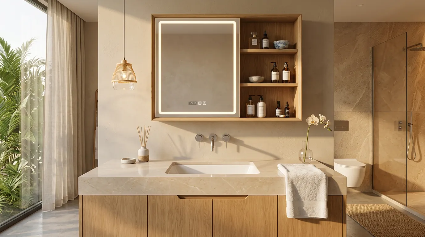 Phòng tắm hiện đại với lavabo sứ âm bàn đá quartz, vành chậu ẩn dưới mặt đá, gương LED