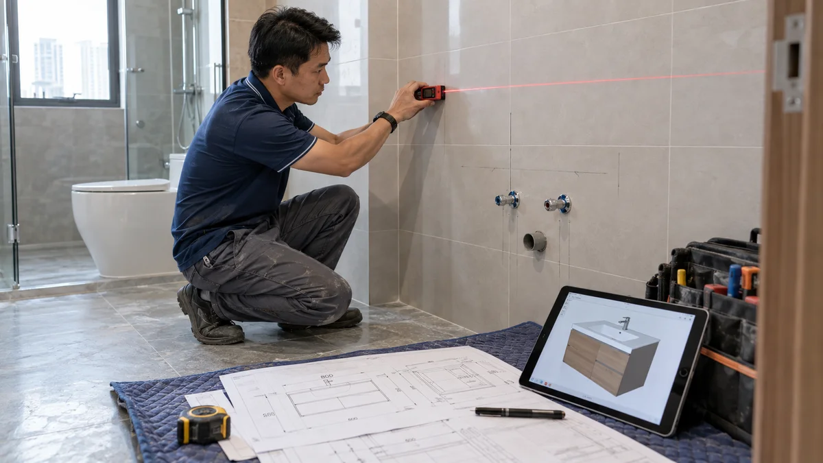 Kỹ thuật viên đo đạc hiện trạng cấp thoát nước và thi công lắp đặt tủ lavabo tại Hà Nội
