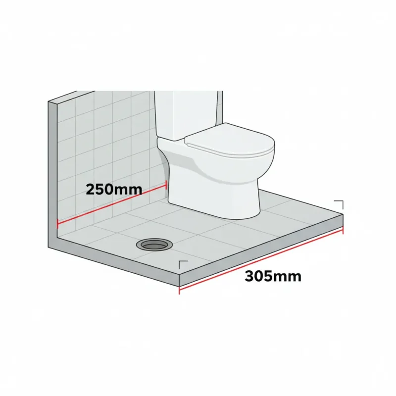 Sơ đồ minh họa đo tâm xả bồn cầu 250mm và 305mm từ tường đến tâm ống thoát nước